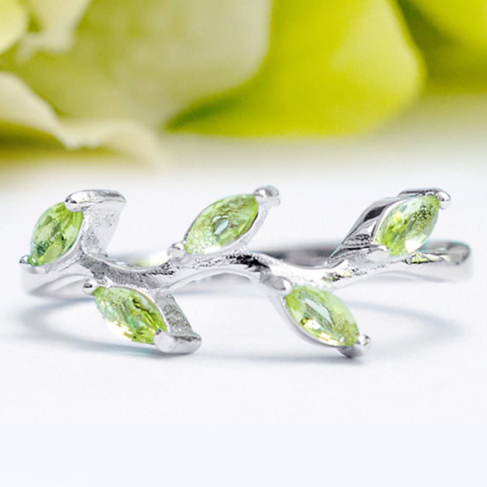 Green Peridot Leaf gemstone ring, 925 Sterling Silver, 10k gold Charmed Aroma